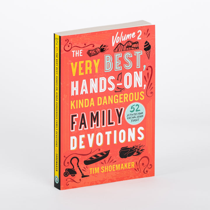 Paperback book cover shown at an angle on a white background: bright red-orange cover for &