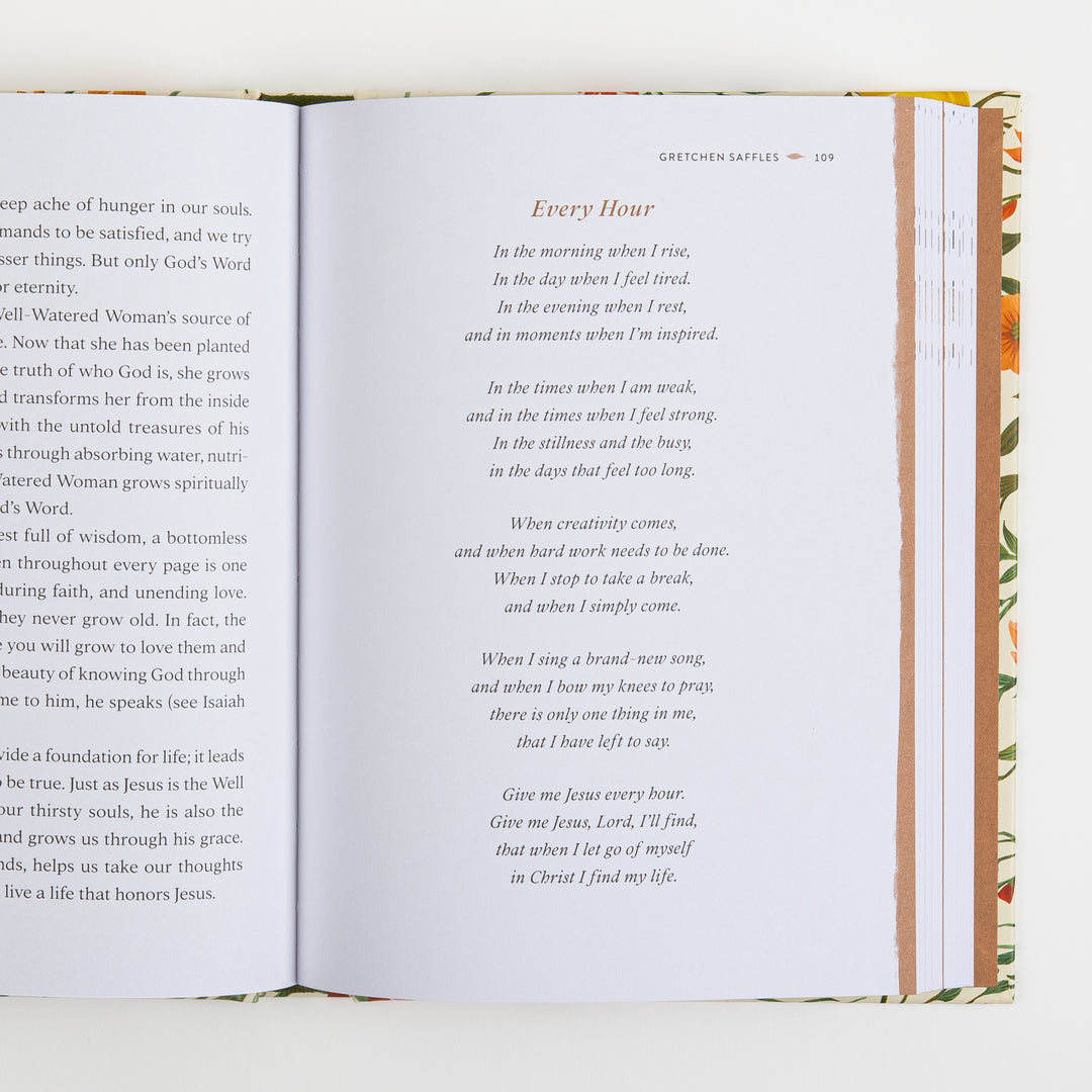 Open book spread with body text on the left about how the Well-Watered Woman grows spiritually by absorbing God&
