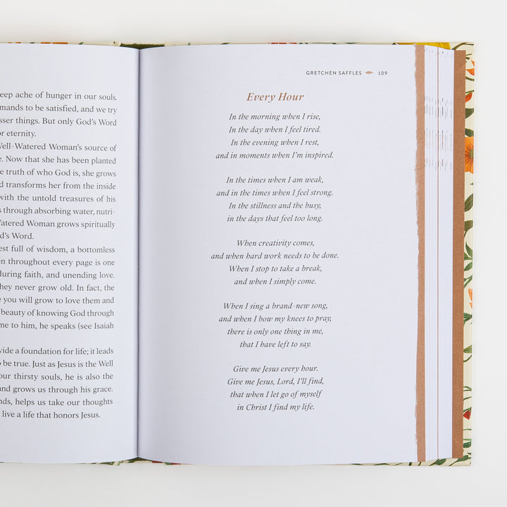 Open book spread with body text on the left about how the Well-Watered Woman grows spiritually by absorbing God&