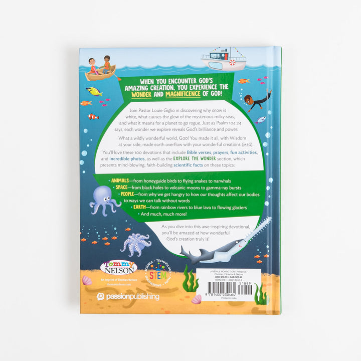 Back cover of "The Wonder of Creation" by Louie Giglio, showing an illustrated underwater ocean scene with fish, an octopus, a shark, a boat, and kids in a rowboat, surrounding descriptive back-cover text, a barcode, and the Tommy Nelson and Passion Publishing logos.
