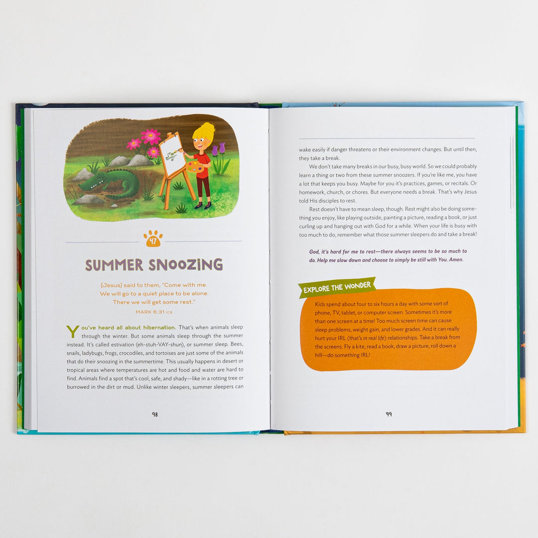 Open interior spread of "The Wonder of Creation" showing pages 98-99 with the devotion "Summer Snoozing," including an illustration of a girl painting at an easel near a sleeping alligator, Bible verse text, a devotional reading, and an orange "Explore the Wonder" fact box.