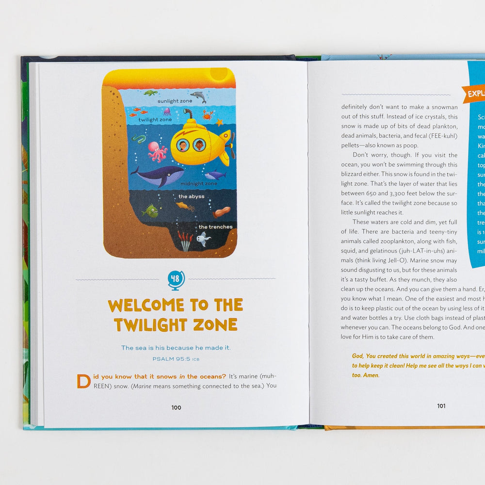 Open book spread from The Wonder of Creation, pages 100-101, showing the devotional "Welcome to the Twilight Zone" with Psalm 95:5 and an illustration of ocean depth zones (sunlight zone, twilight zone, midnight zone, the abyss, the trenches) featuring a yellow submarine and sea creatures.