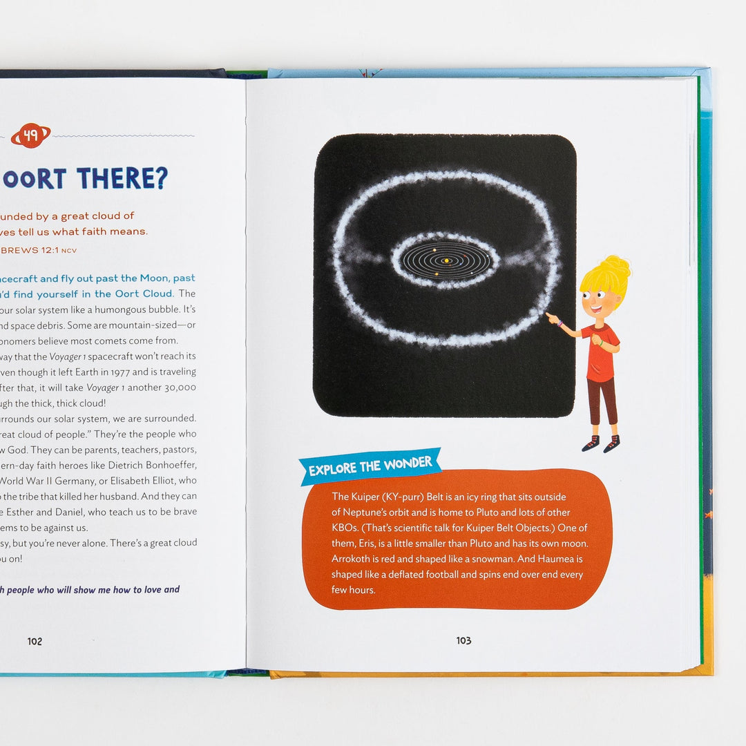 Open book spread from The Wonder of Creation, pages 102-103, showing the devotional "Oort There?" with a diagram of the solar system encircled by the Oort Cloud, a cartoon girl pointing at it, and an orange "Explore the Wonder" sidebar about the Kuiper Belt.