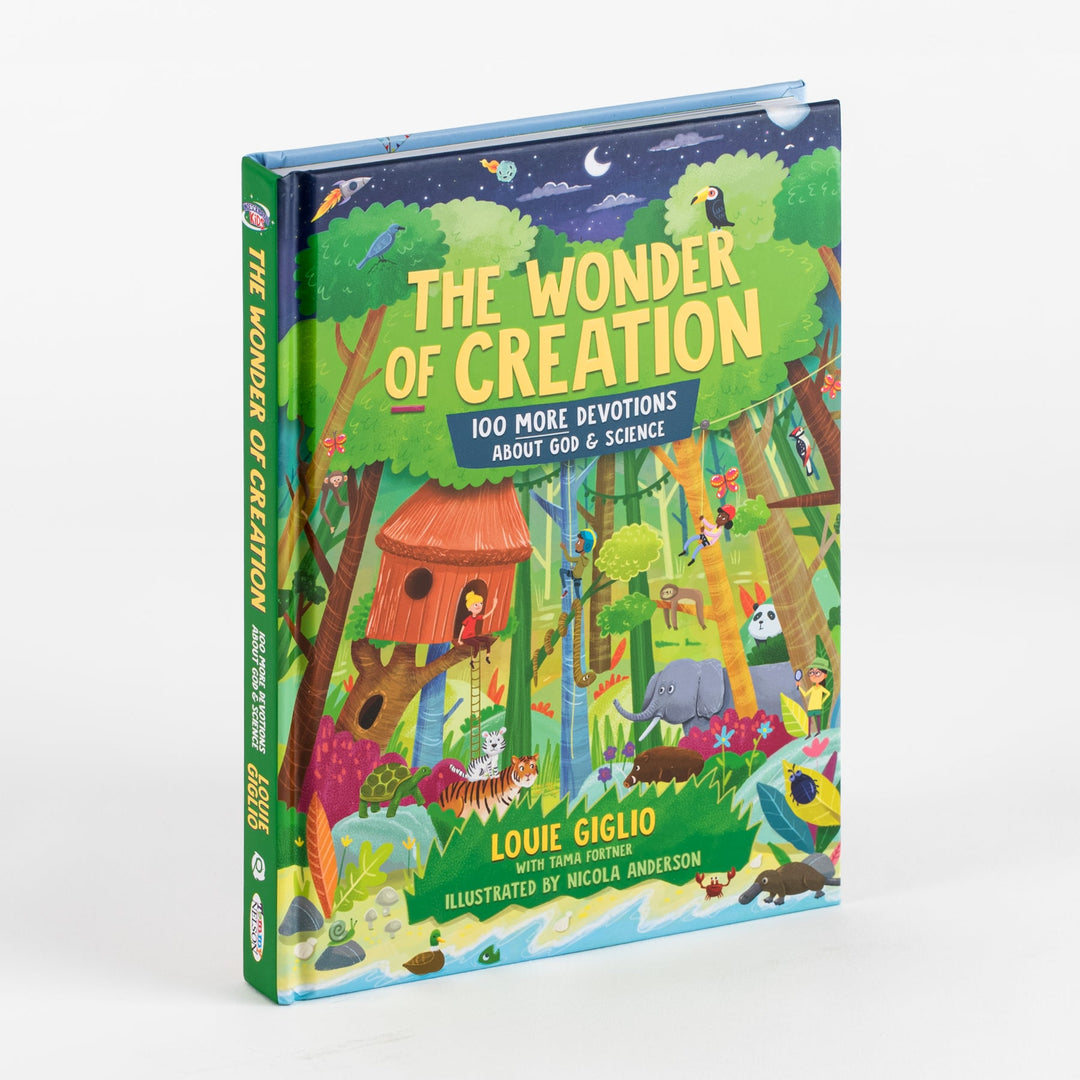 Angled view of The Wonder of Creation hardcover book by Louie Giglio with Tama Fortner, illustrated by Nicola Anderson, subtitled "100 More Devotions About God & Science." The cover shows a colorful jungle scene at night with a treehouse, elephant, tiger, panda, toucan, and other animals among green trees under a starry sky.