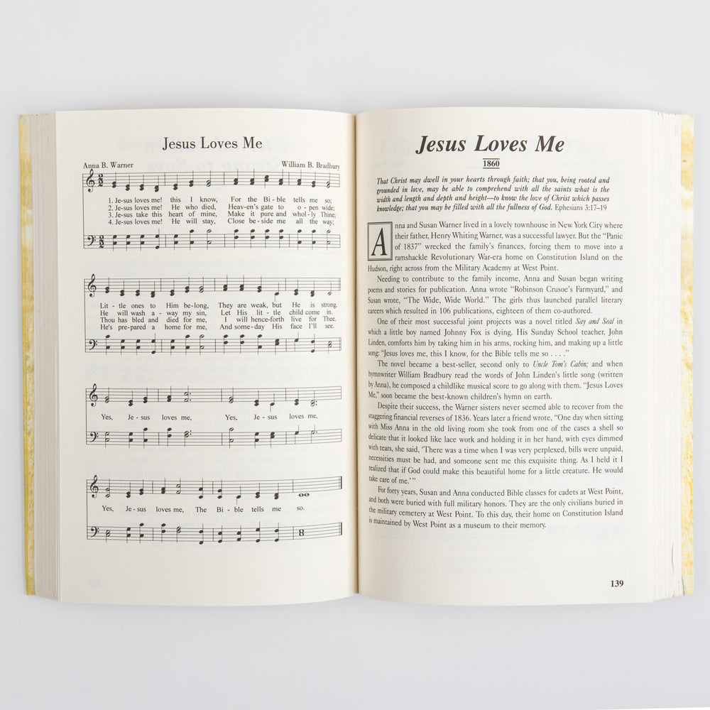 Interior spread of 'Then Sings My Soul' open to the hymn 'Jesus Loves Me' by Anna B. Warner and William B. Bradbury, showing sheet music on the left page and the hymn's 1860 backstory on the right page, ending on page 139.