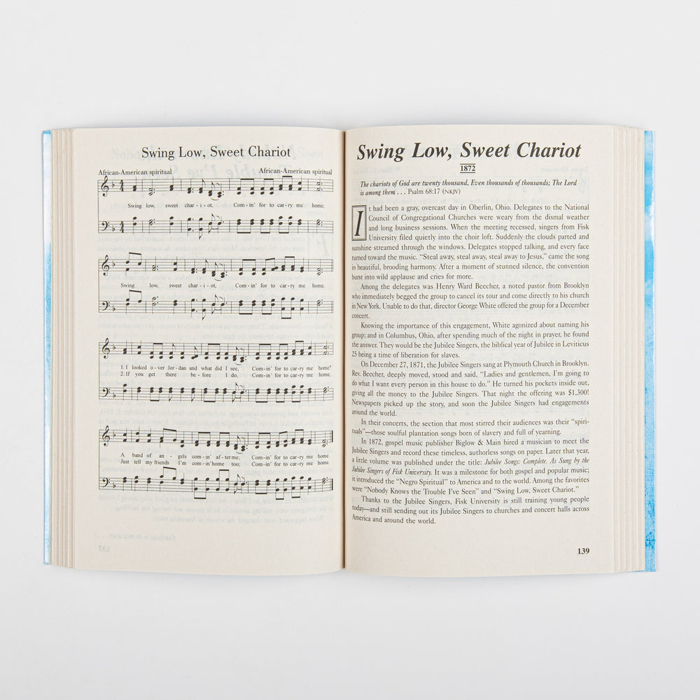 Open interior spread from 'Then Sings My Soul, Book 2' showing the hymn 'Swing Low, Sweet Chariot.' The left page has four lines of sheet music; the right page shows the story text with a decorative drop-cap letter and a Psalm 68:17 epigraph, with page number 139 at bottom.