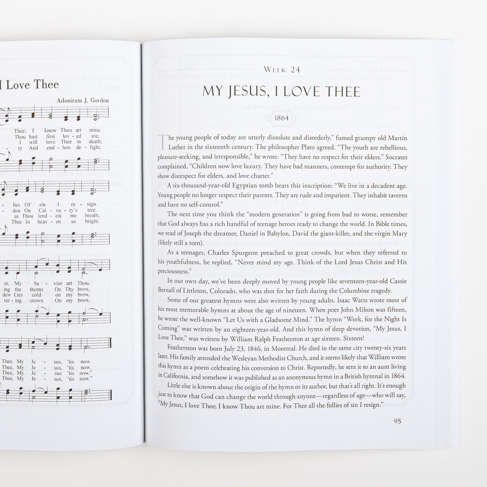 Open interior spread of the prayer journal showing sheet music for the hymn I Love Thee by Adoniram J. Gordon on the left page, and the Week 24 devotional My Jesus, I Love Thee (1864) on the right page with text about young hymn writers throughout history, page 95.