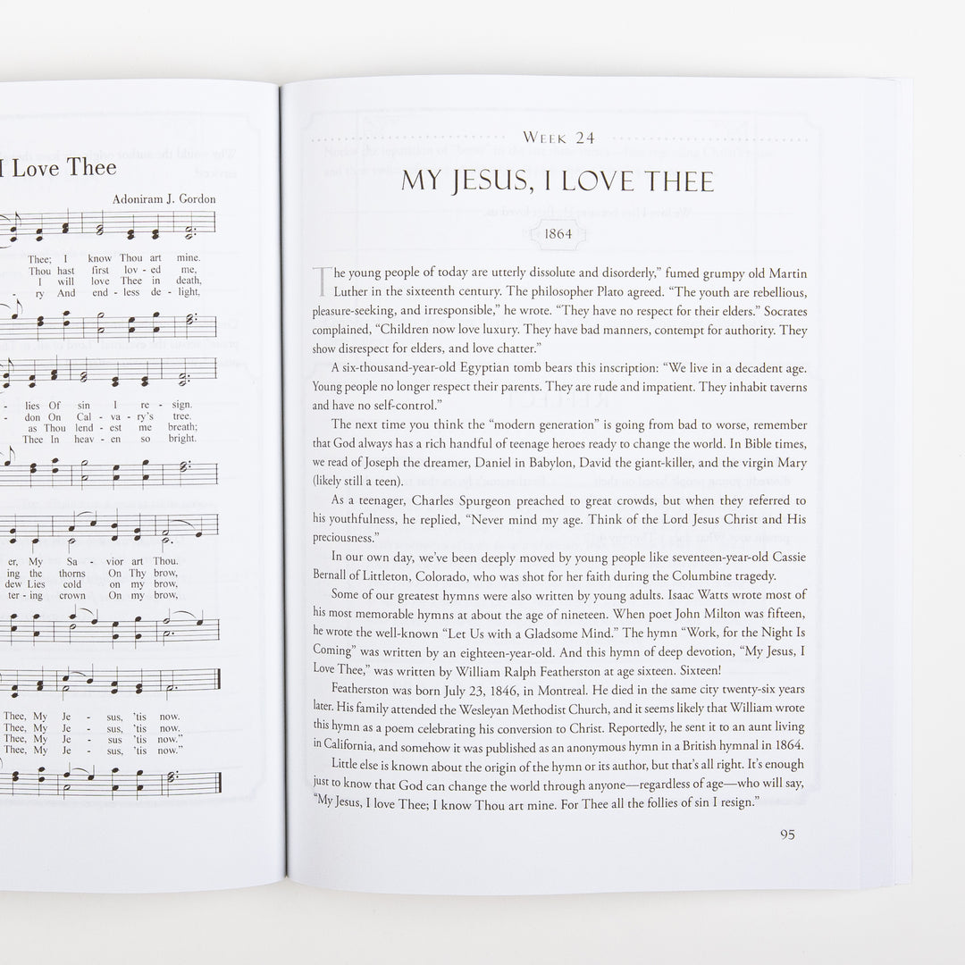 Open interior spread of the prayer journal showing sheet music for the hymn I Love Thee by Adoniram J. Gordon on the left page, and the Week 24 devotional My Jesus, I Love Thee (1864) on the right page with text about young hymn writers throughout history, page 95.