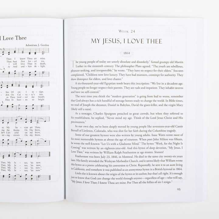 Open interior spread of the prayer journal showing sheet music for the hymn I Love Thee by Adoniram J. Gordon on the left page, and the Week 24 devotional My Jesus, I Love Thee (1864) on the right page with text about young hymn writers throughout history, page 95.