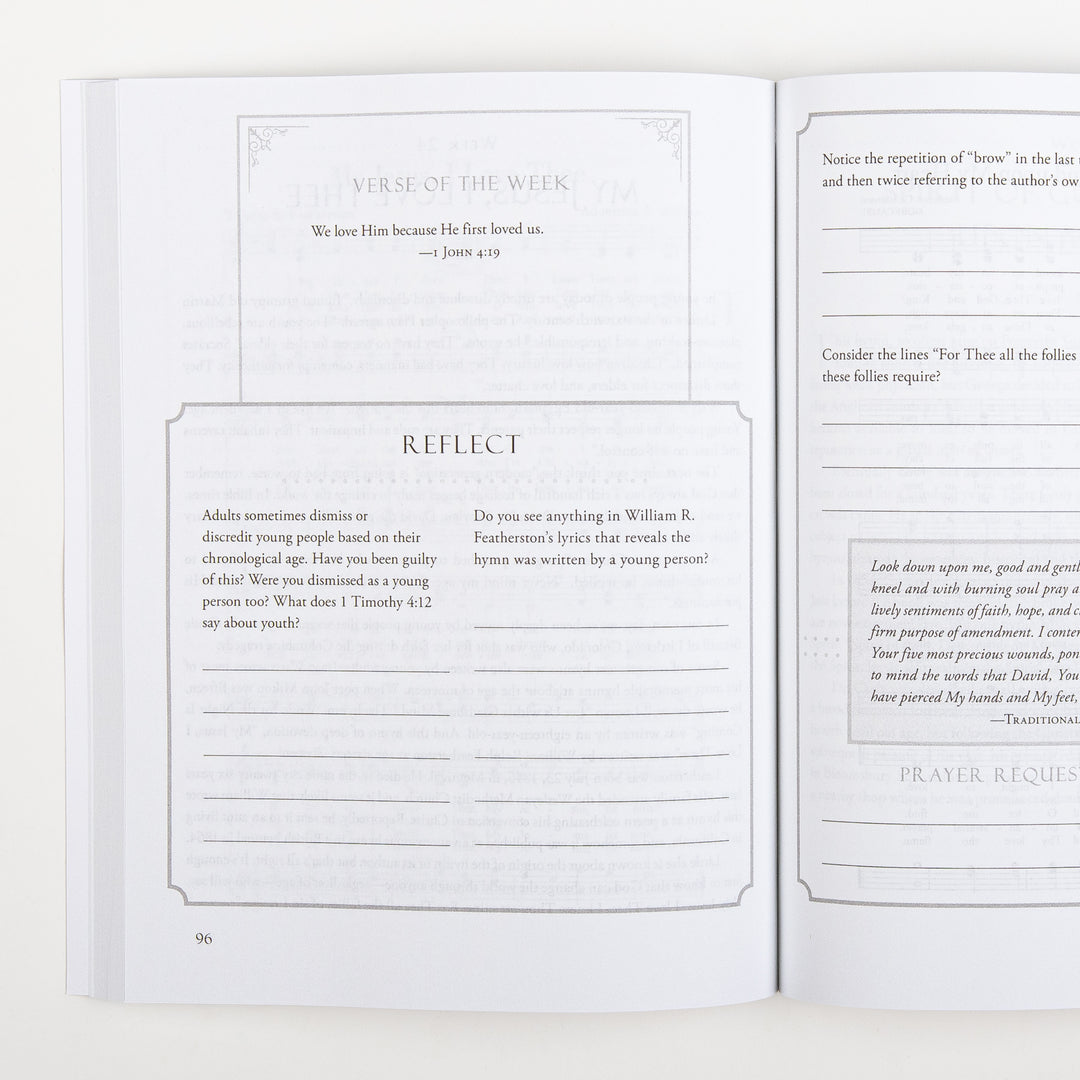 Open interior spread showing a Verse of the Week box quoting 1 John 4:19 and a Reflect section with two journaling questions about age and William Featherston&
