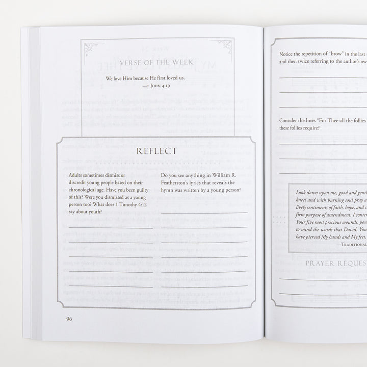 Open interior spread showing a Verse of the Week box quoting 1 John 4:19 and a Reflect section with two journaling questions about age and William Featherston&