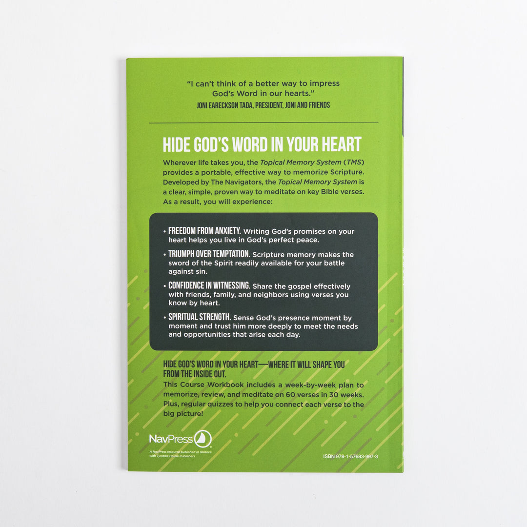 Back cover of the green Topical Memory System Course Workbook, with a Joni Eareckson Tada endorsement, the heading &