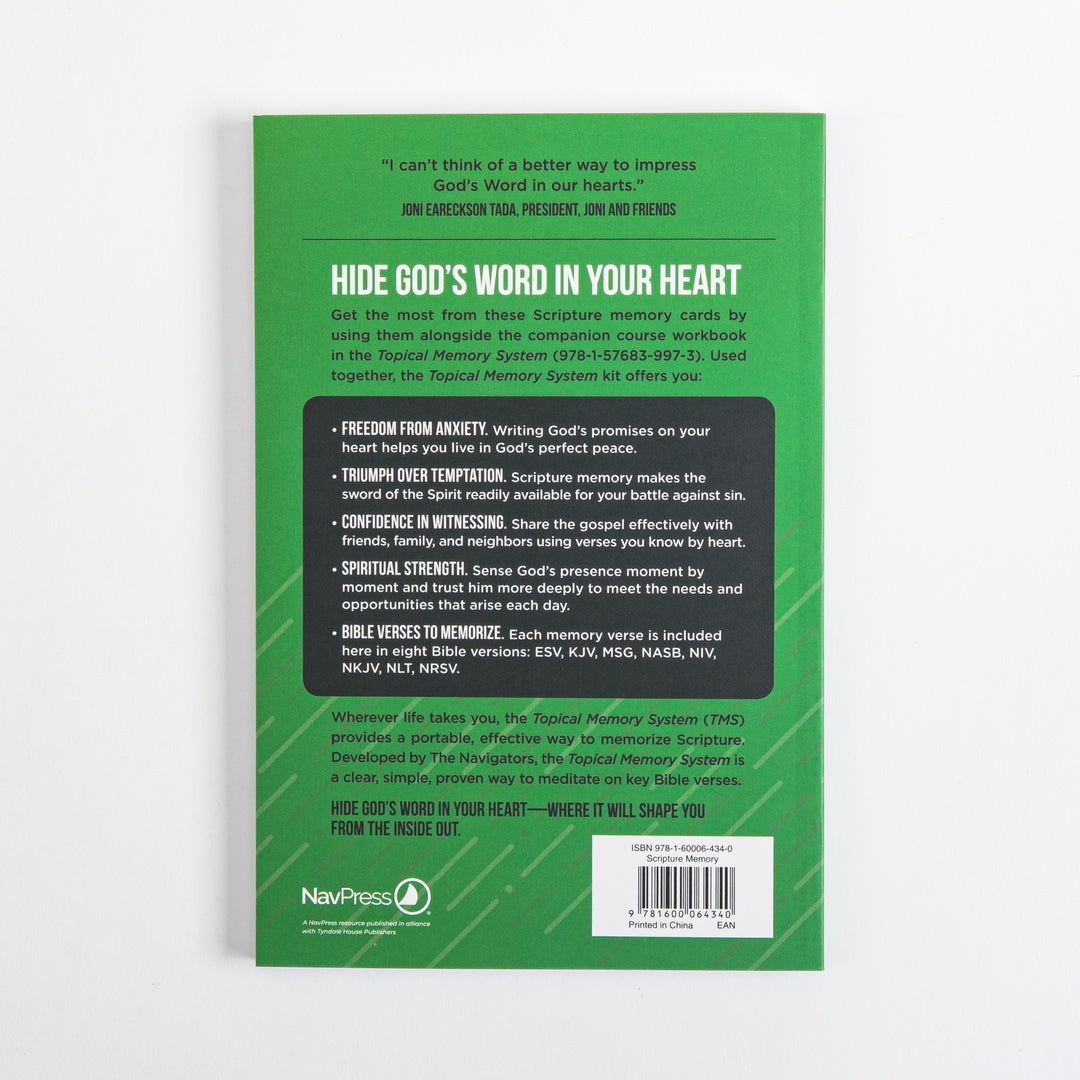 Back cover of the green Topical Memory System Memory Verse Cards package, with a Joni Eareckson Tada endorsement, four bulleted benefits plus a note that verses appear in eight Bible versions, and a barcode with ISBN 978-1-60006-434-0.