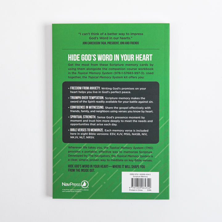 Back cover of the green Topical Memory System Memory Verse Cards package, with a Joni Eareckson Tada endorsement, four bulleted benefits plus a note that verses appear in eight Bible versions, and a barcode with ISBN 978-1-60006-434-0.