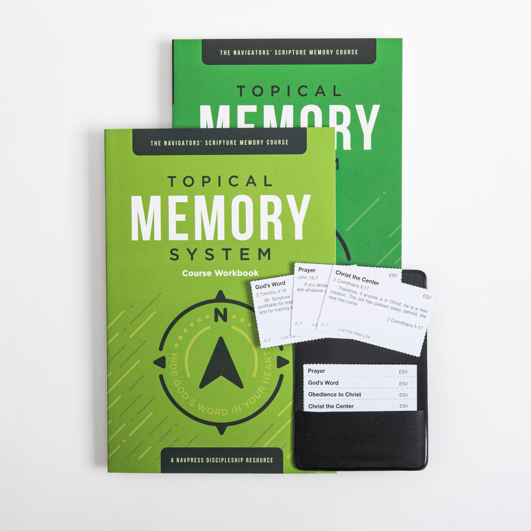 Two green Topical Memory System workbooks fanned with loose verse cards (God&