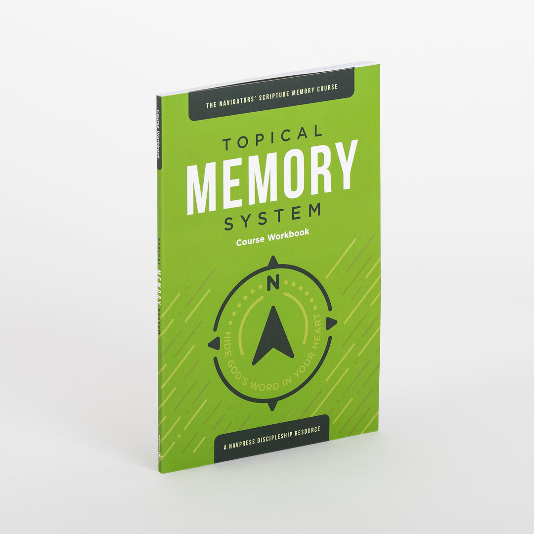 Angled product shot of a single green Topical Memory System Course Workbook, standing upright to show both the front cover and the spine labeled &