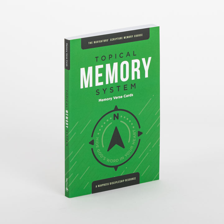 Angled product shot of a single green Topical Memory System Memory Verse Cards package, standing upright to show the front cover and spine labeled &