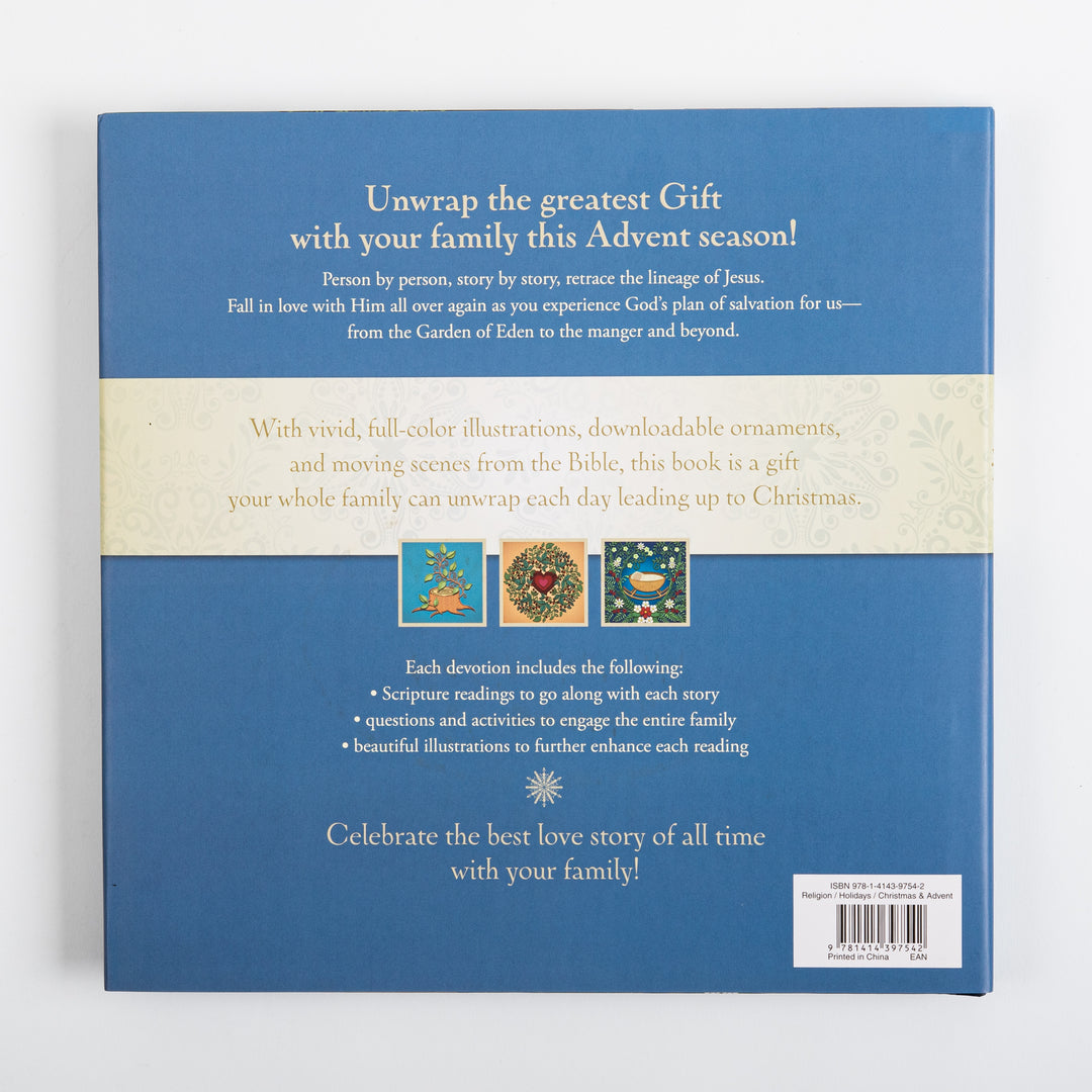 Back cover of Unwrapping the Greatest Gift by Ann Voskamp, blue background with cream text bands reading Unwrap the greatest Gift with your family this Advent season, a description of the book&