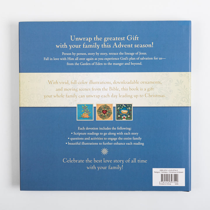 Back cover of Unwrapping the Greatest Gift by Ann Voskamp, blue background with cream text bands reading Unwrap the greatest Gift with your family this Advent season, a description of the book&