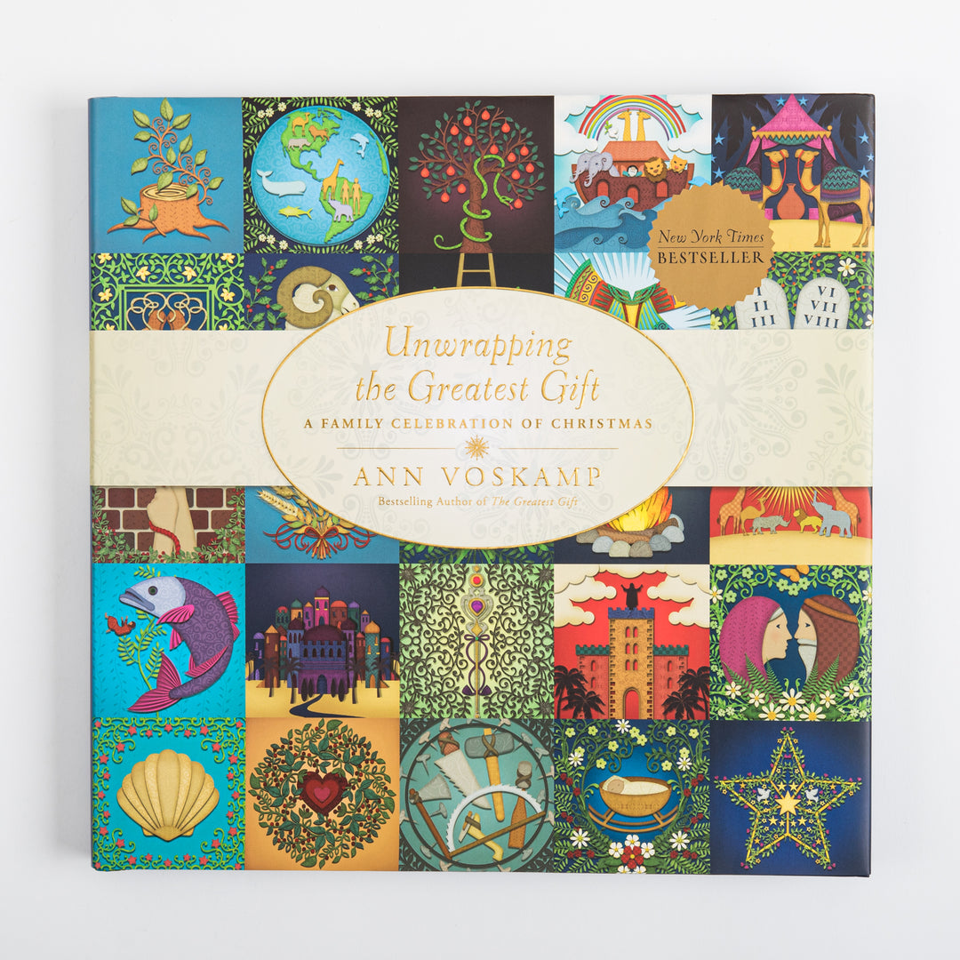 Front cover of the hardcover book Unwrapping the Greatest Gift: A Family Celebration of Christmas by Ann Voskamp. A quilt-like grid of colorful folk-art icons - a tree stump, planet earth with animals, an apple tree with a serpent, Noah&