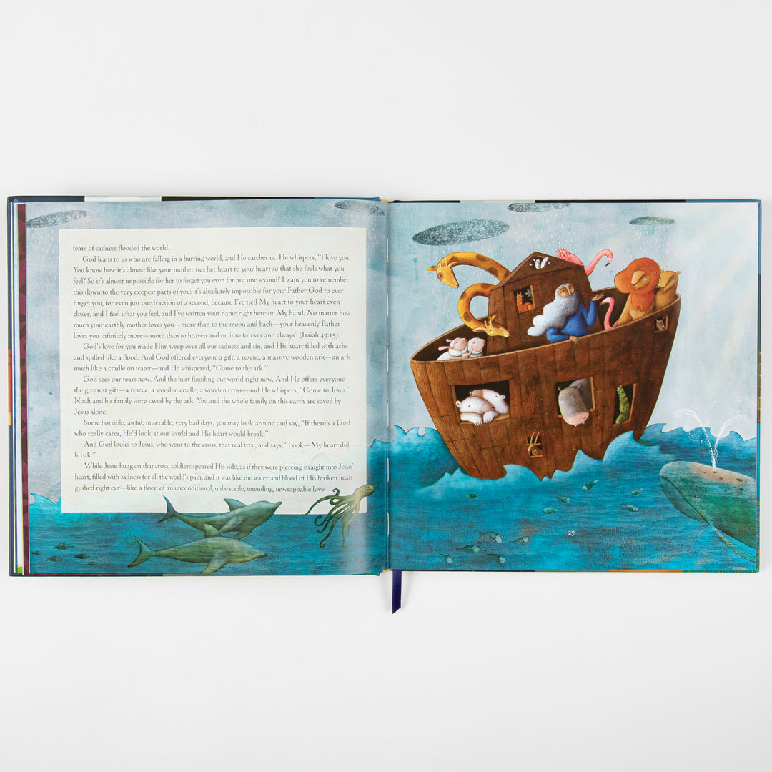Open interior spread: left page has paragraphs of devotional text about God&