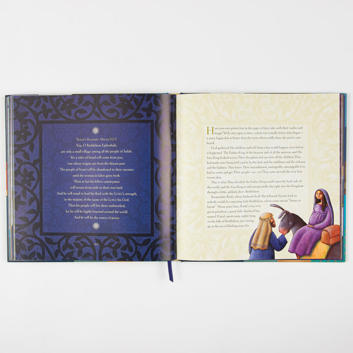 Open interior spread: left page is a dark purple ornamental panel with a gold-bordered box quoting the day&