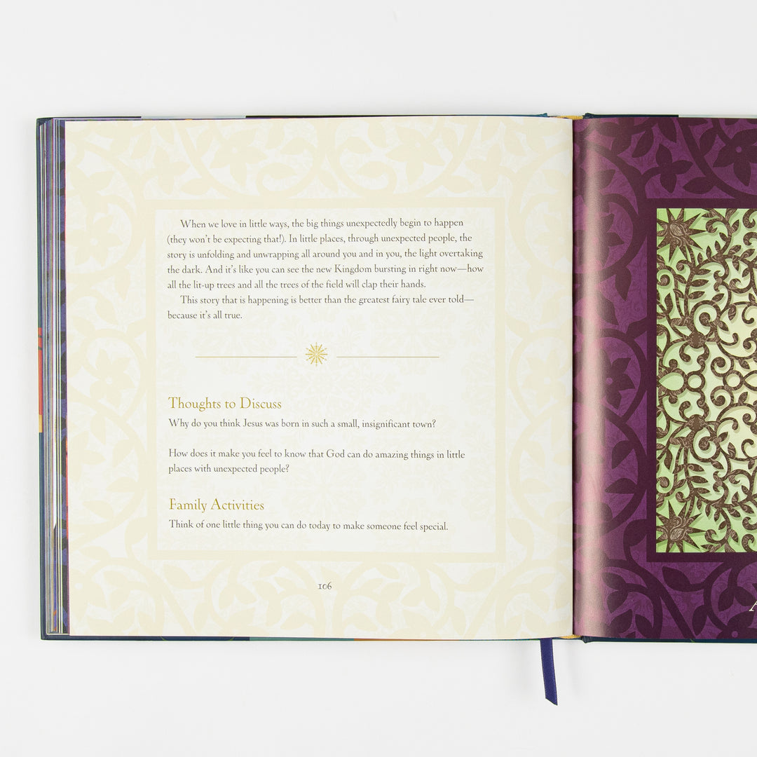 Open interior spread: left cream page has devotional text followed by gold-lettered Thoughts to Discuss questions and a Family Activities prompt, numbered page 106; right page begins a deep purple patterned page with an inset sage-green and brown scrollwork panel.