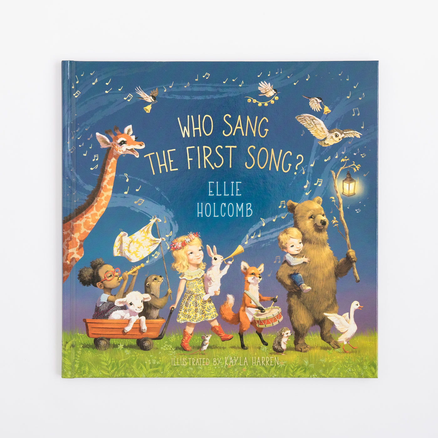 Children's book cover titled 'Who Sang the First Song?' with illustrations of animals and a child on a blue background.