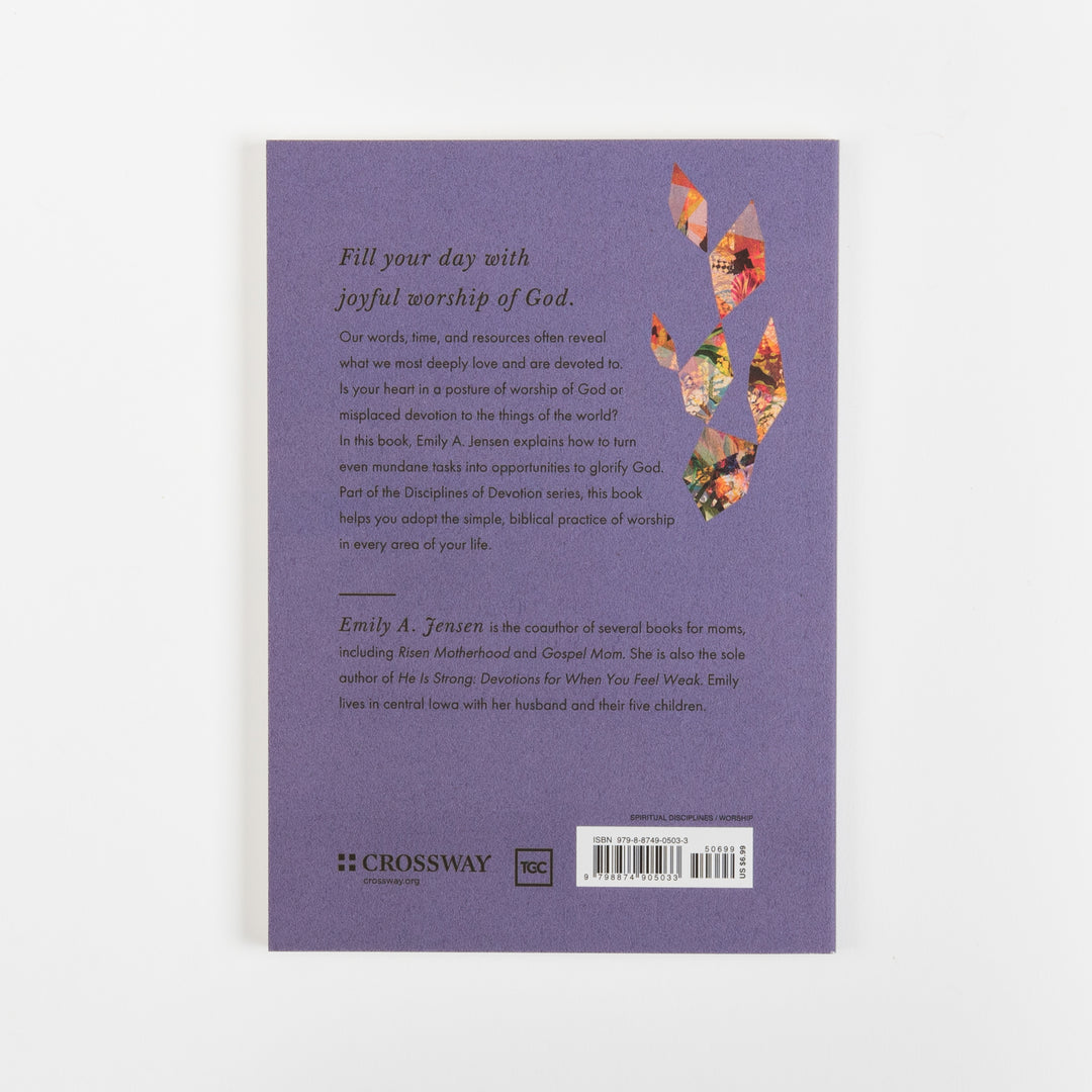 Back cover of Worship by Emily A. Jensen: purple background with book description text, a small floral-collage flame graphic, author bio, ISBN barcode, and Crossway and TGC publisher logos.