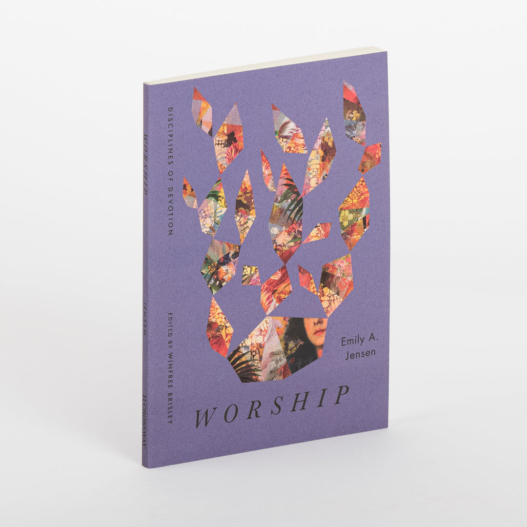 Worship by Emily A. Jensen, angled cover view showing purple paperback with abstract floral-collage flame design and partial face silhouette rising above the title.