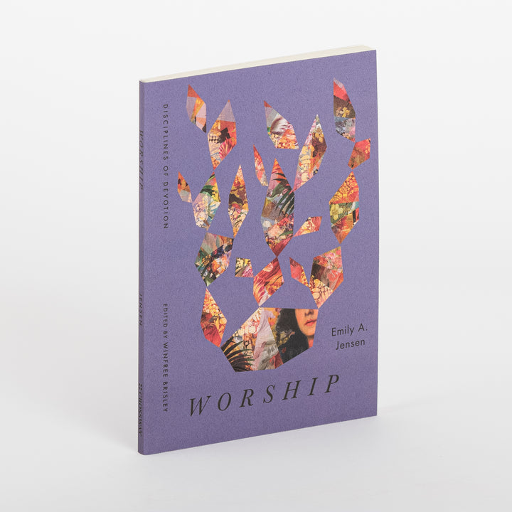 Worship by Emily A. Jensen, angled cover view showing purple paperback with abstract floral-collage flame design and partial face silhouette rising above the title.